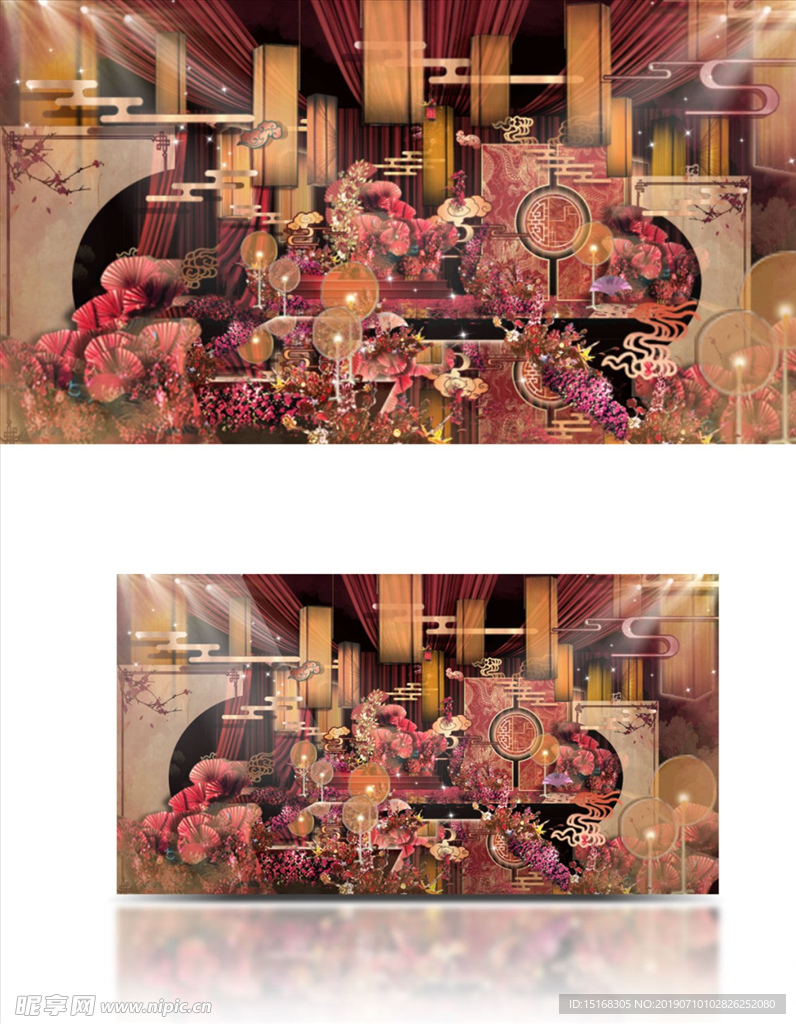 红金色中式室内舞台婚礼效果图