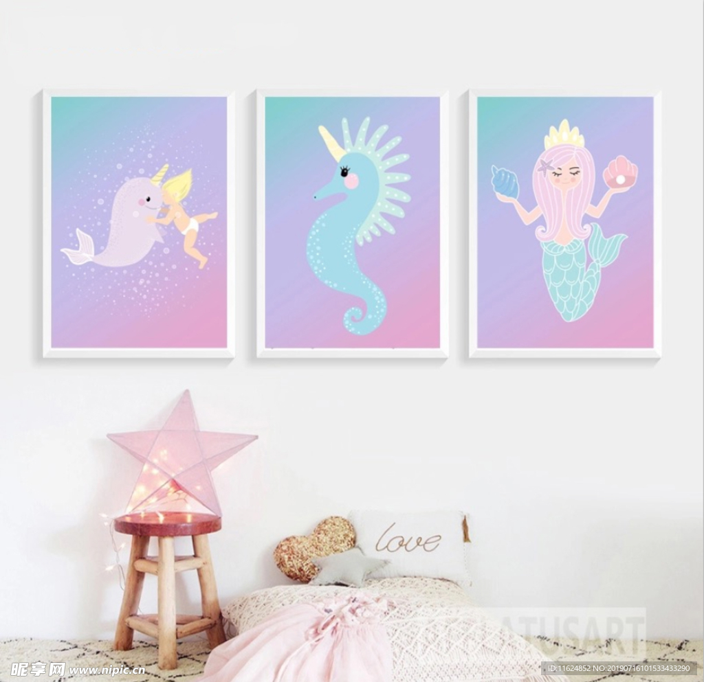 手绘卡通海洋动物美人鱼装饰画