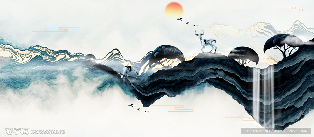 工笔装饰画创意水墨山水画