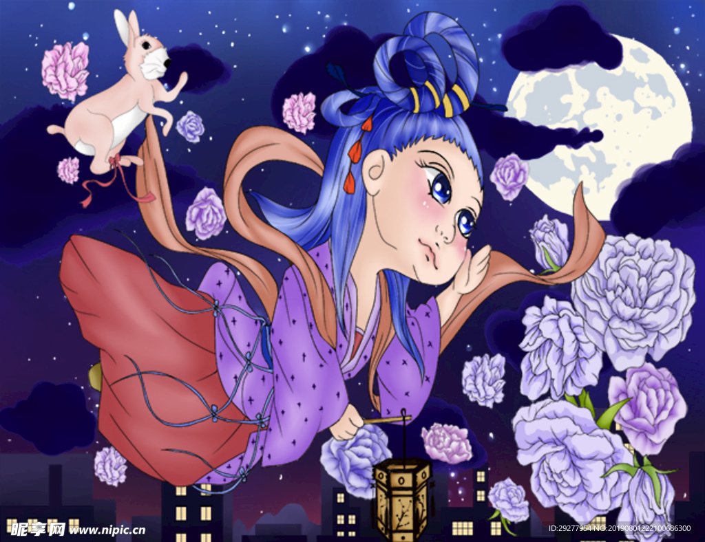 中秋节动漫人物花设计元素PSD