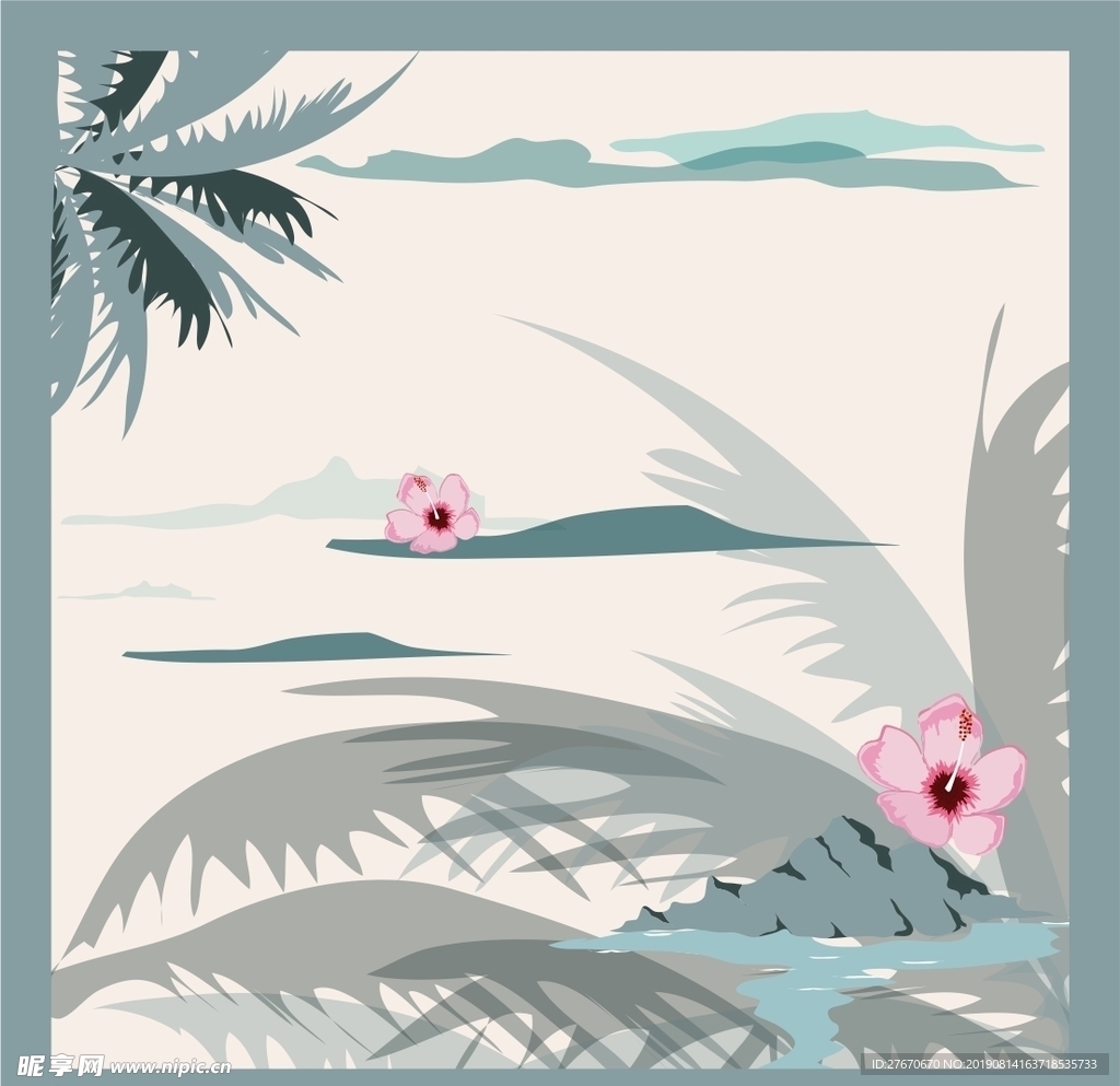 cdr山水树花手绘水墨围巾花型