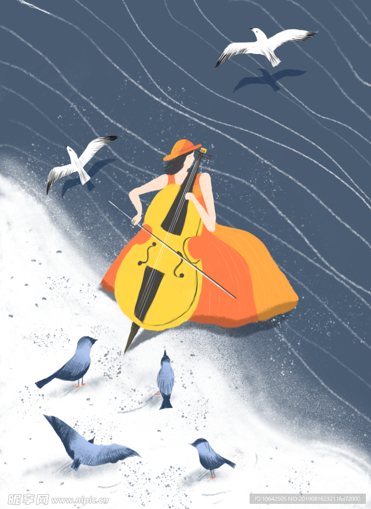扁平化噪点风海边拉提琴的女孩插