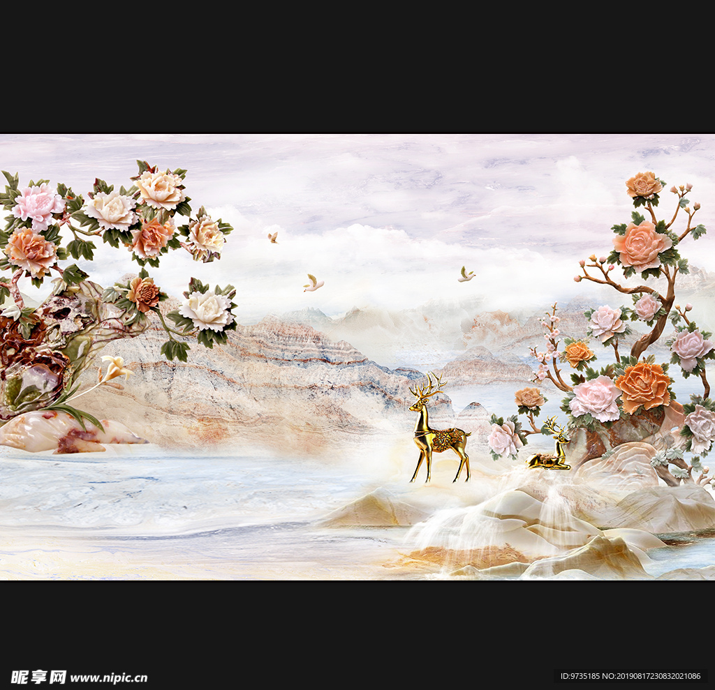 玉雕石雕浮雕牡丹花背景墙