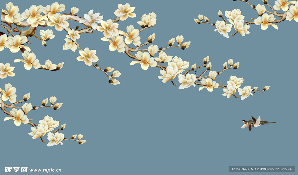 新中式玉兰工笔花鸟背景墙装饰画