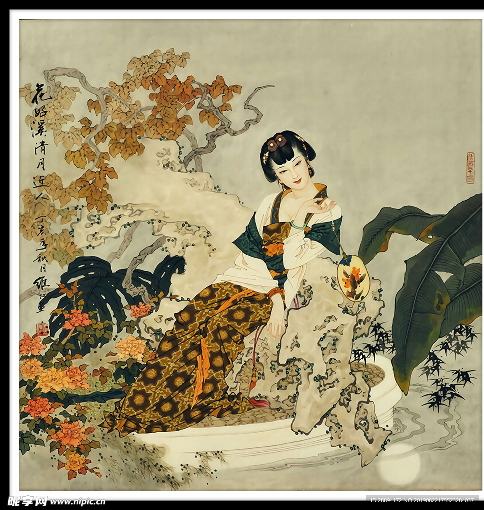 工笔水墨国画仕女图