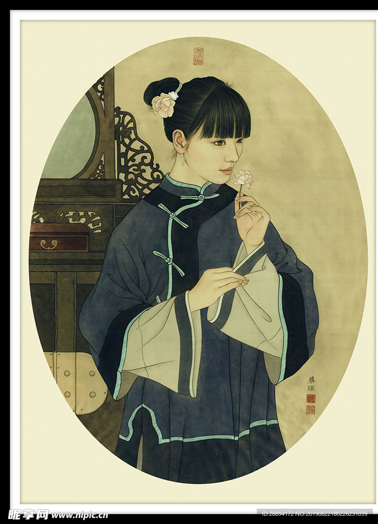 工笔水墨国画仕女图