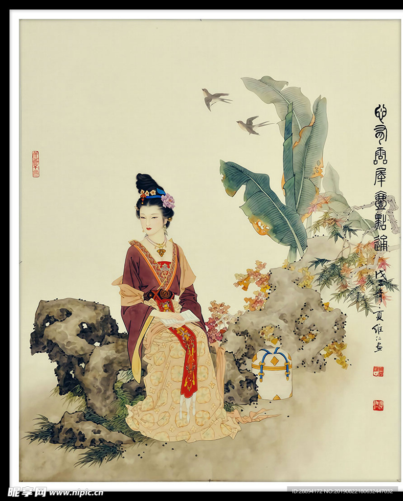 工笔水墨国画仕女图