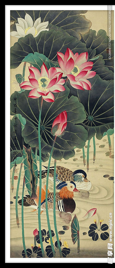 工笔水墨国画荷花鸳鸯戏水图