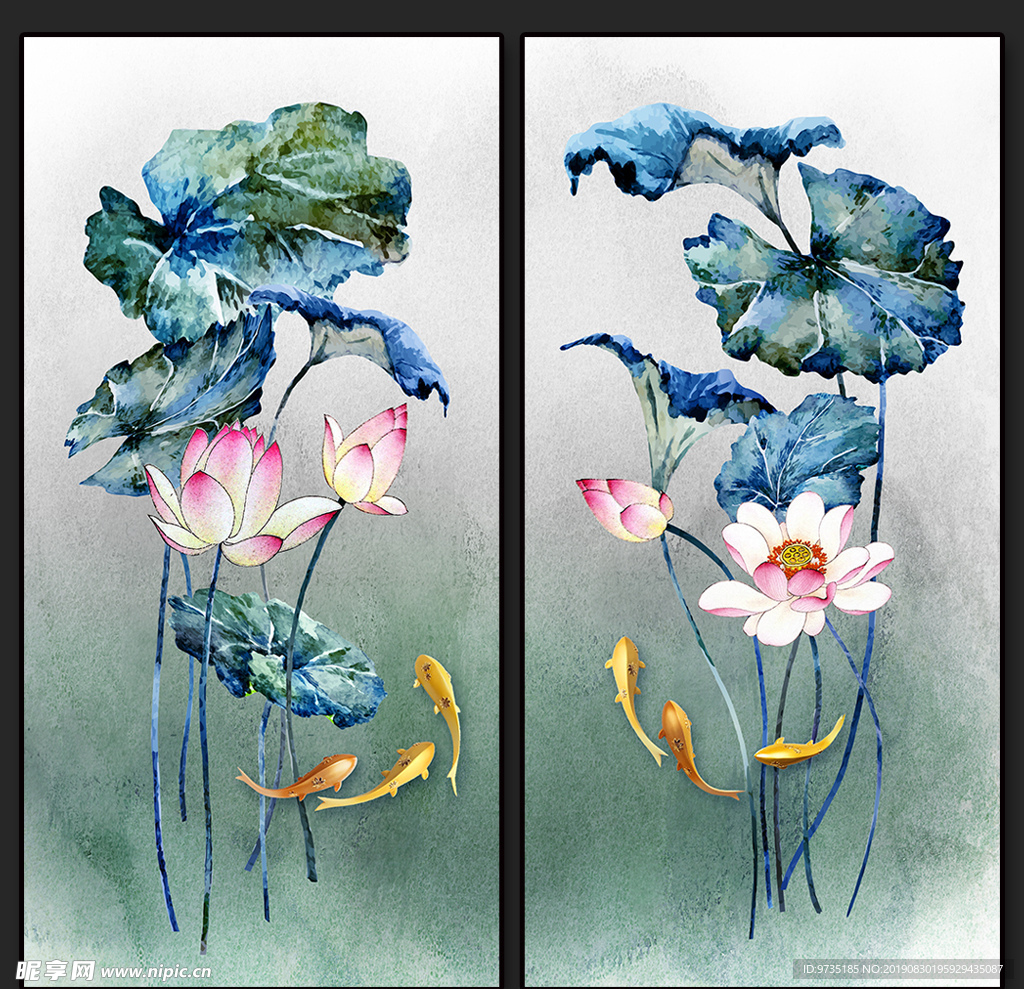 清新淡雅水墨荷花鱼新中式装饰画