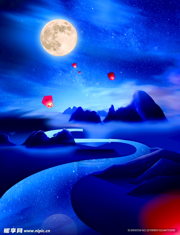 蓝色背景月亮河流孔明灯