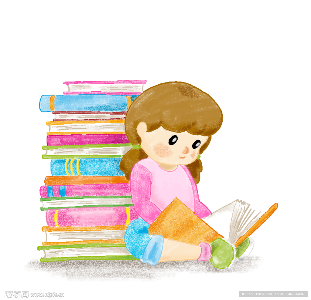 手绘卡通看书的女孩