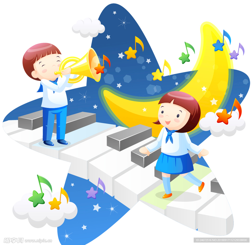 月亮 钢琴 小学生矢量图