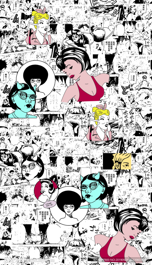 数码印花 动漫 美女 手绘矢量