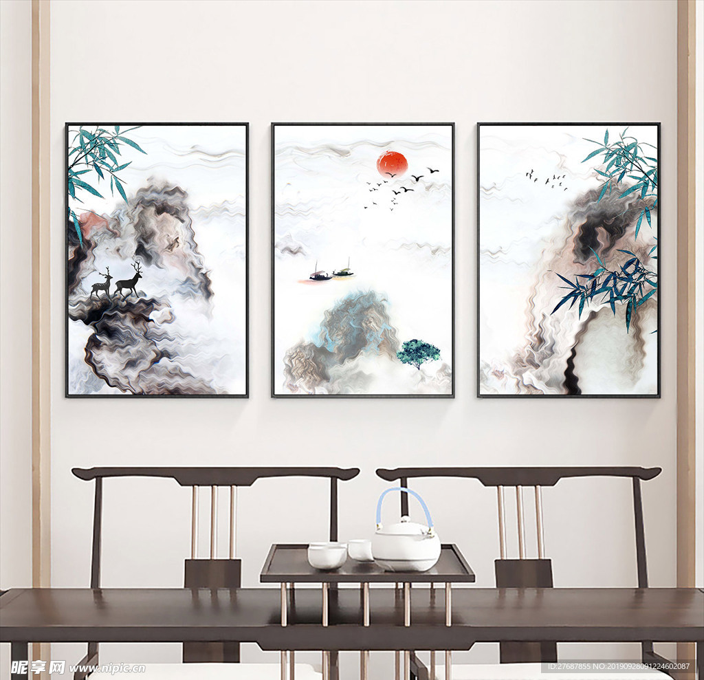 中式水墨三联画