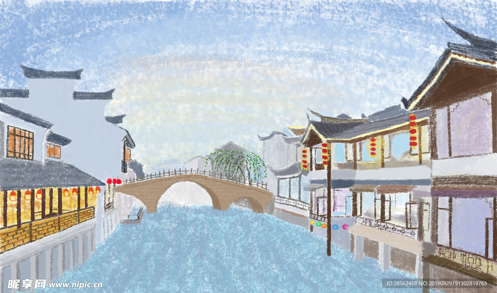 古镇小桥流水手绘