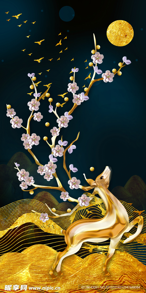 金色抽象麋鹿晶瓷装饰画