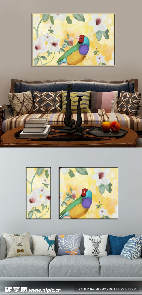 北欧小清新手绘花鸟油画装饰画