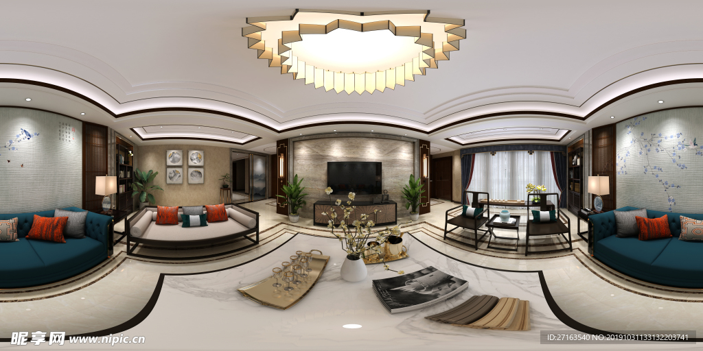 室内新中式效果图360度旋转