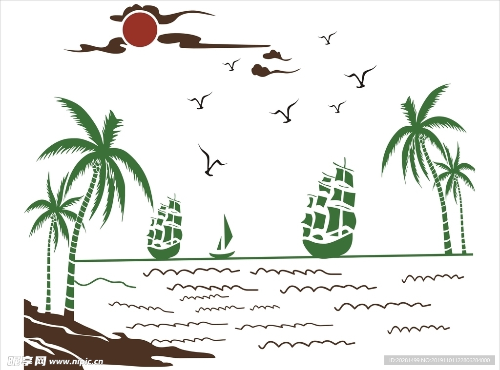 椰子树 帆船 太阳