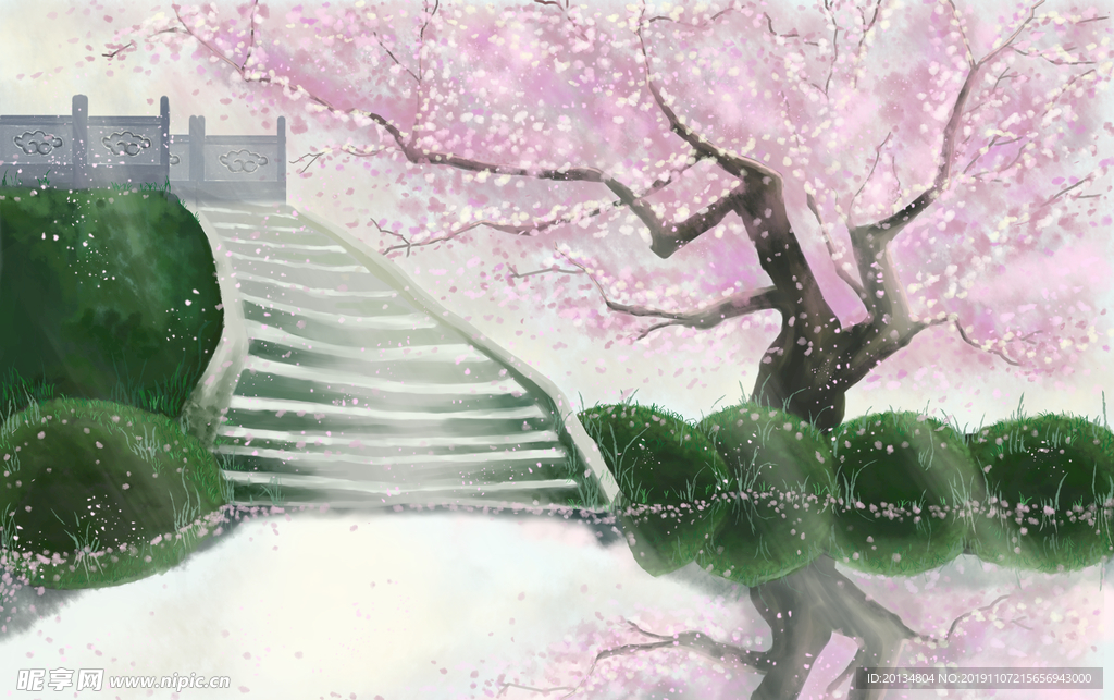 手绘樱花树下倒影背景墙
