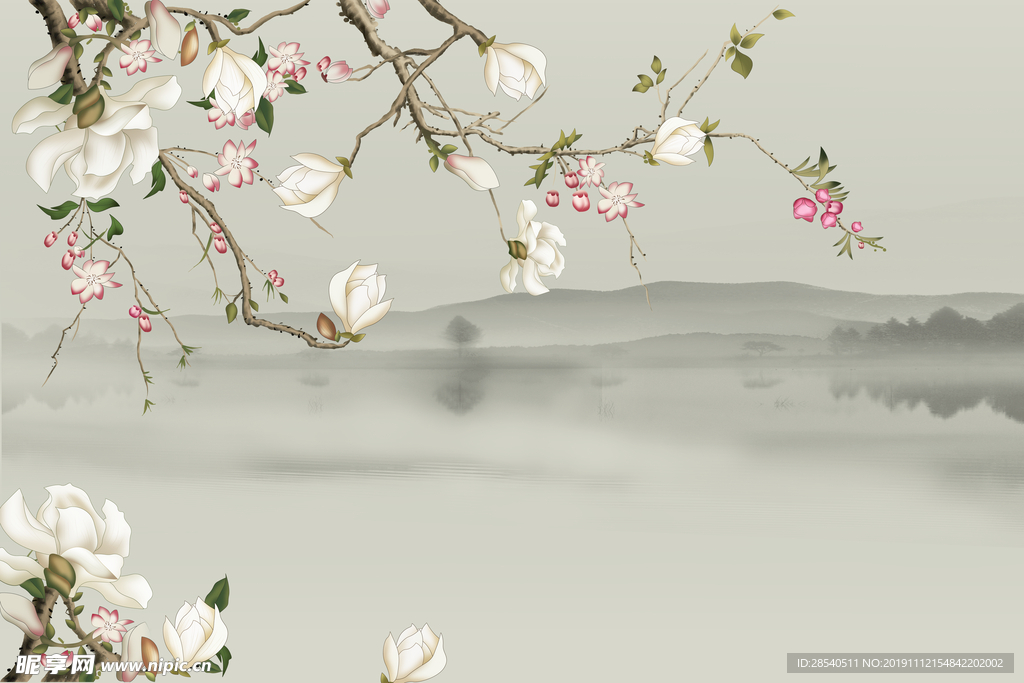 新中式玉兰花山水背景墙图片