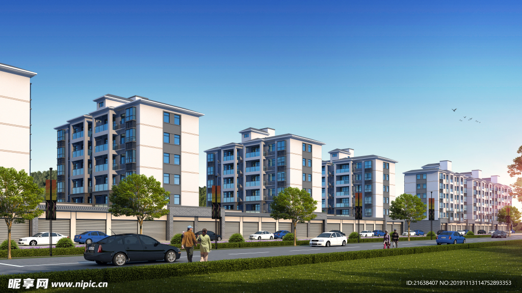 徽派安置房建筑沿街透视效果图