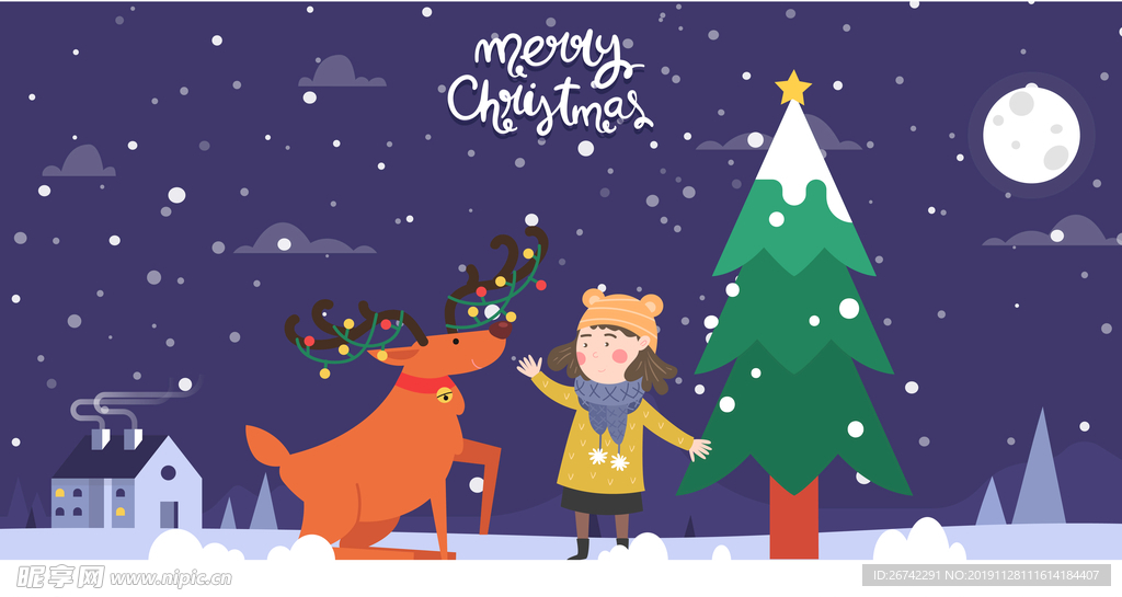 卡通清新大雪圣诞树麋鹿冬夜雪景