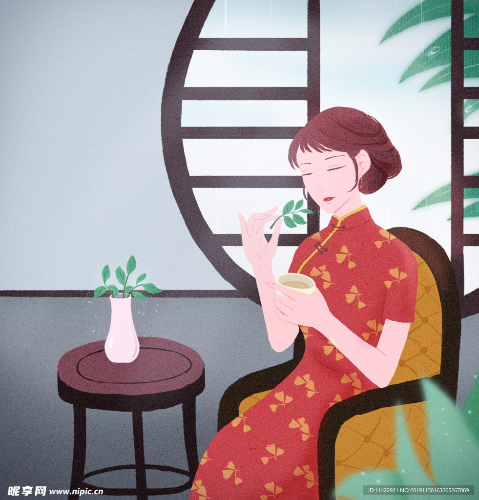 古典美女喝茶卡通