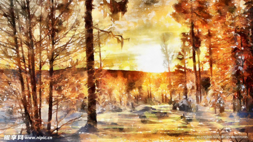水彩夕阳下的树林