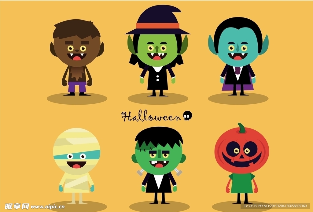 万圣节精灵鬼怪可爱卡通矢量图