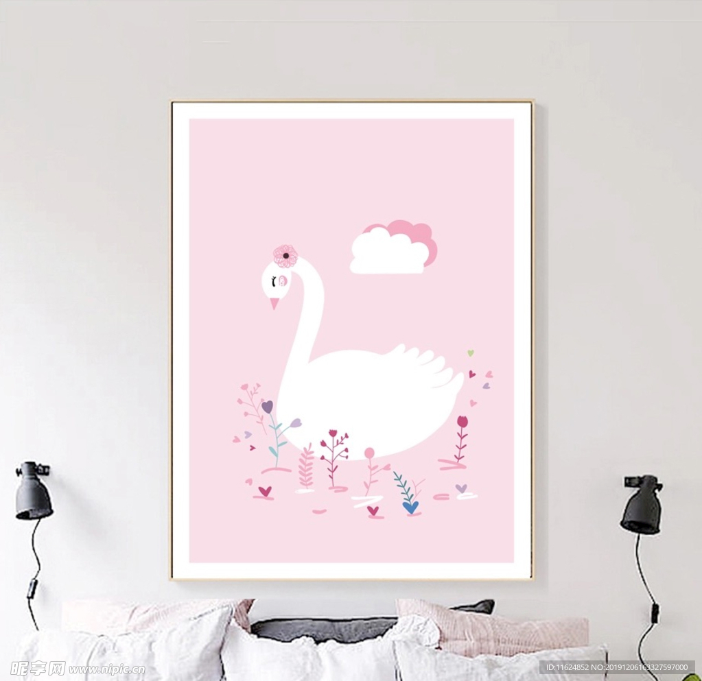 手绘卡通天鹅公主房装饰画