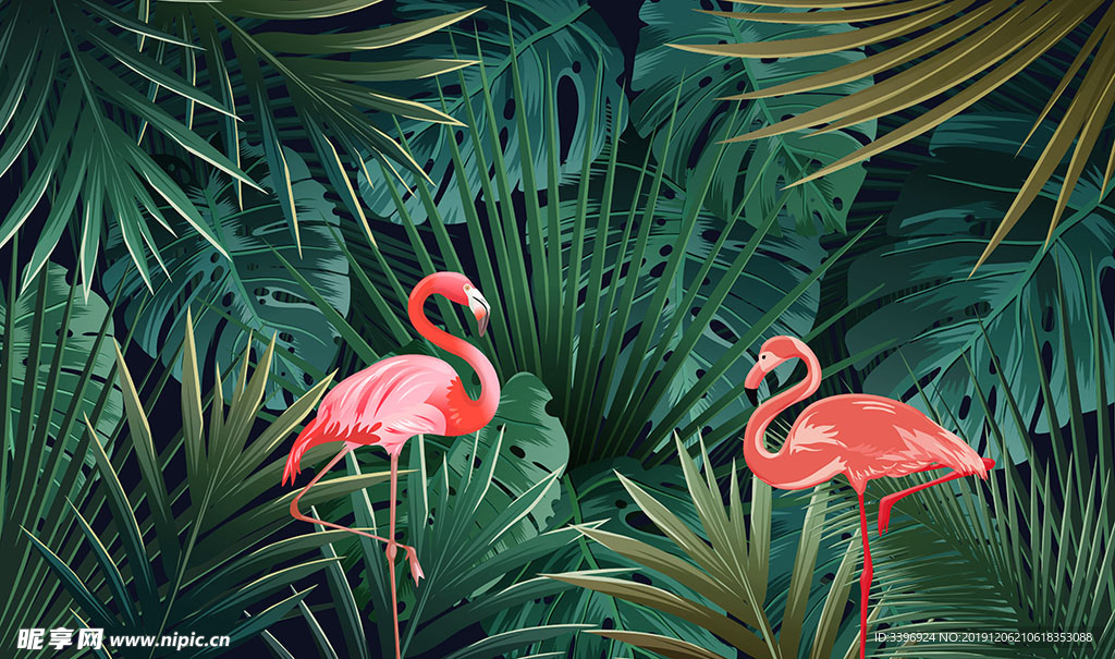 北欧风热带植物叶子火烈鸟背景墙