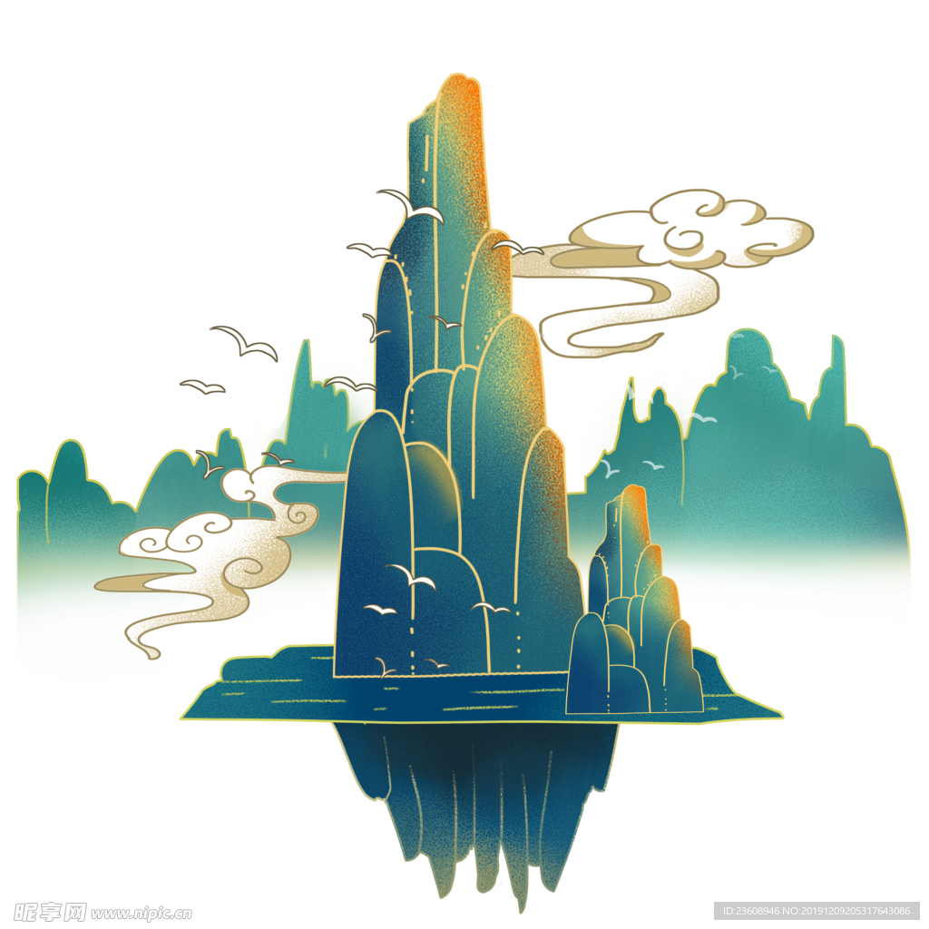 国潮绿色烟雾山素材