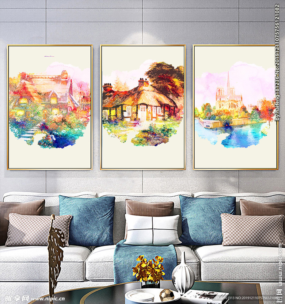 风景油画三联画