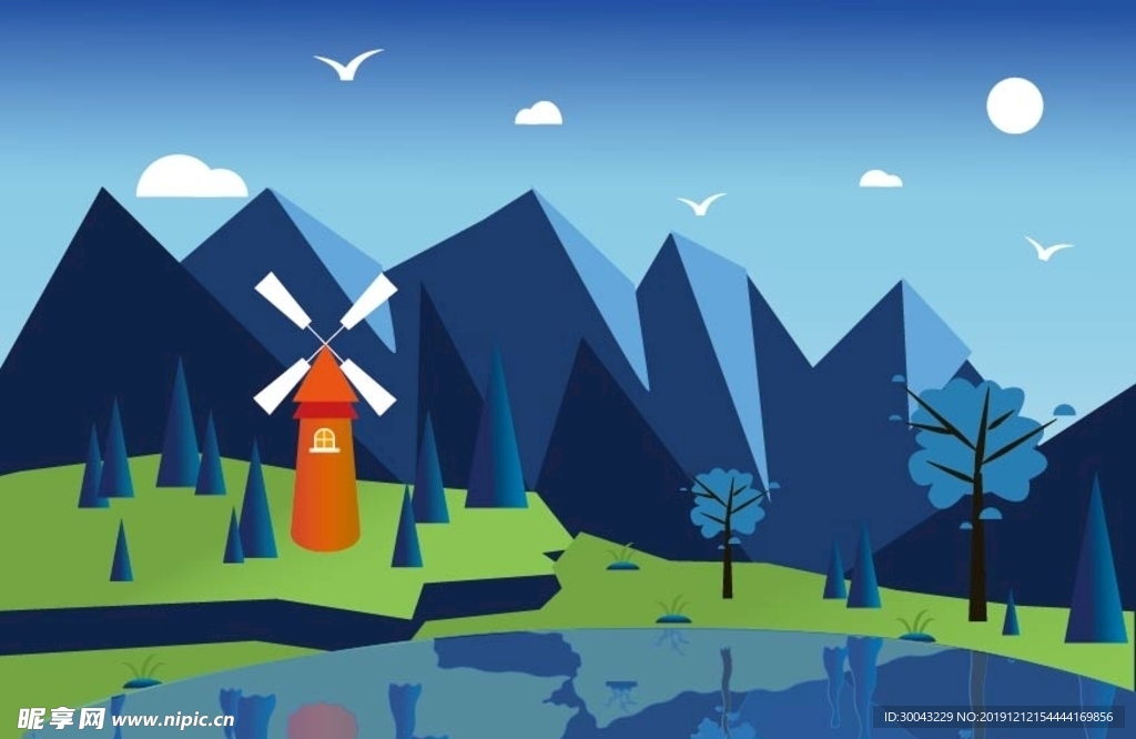 蓝色系列山谷风景插画