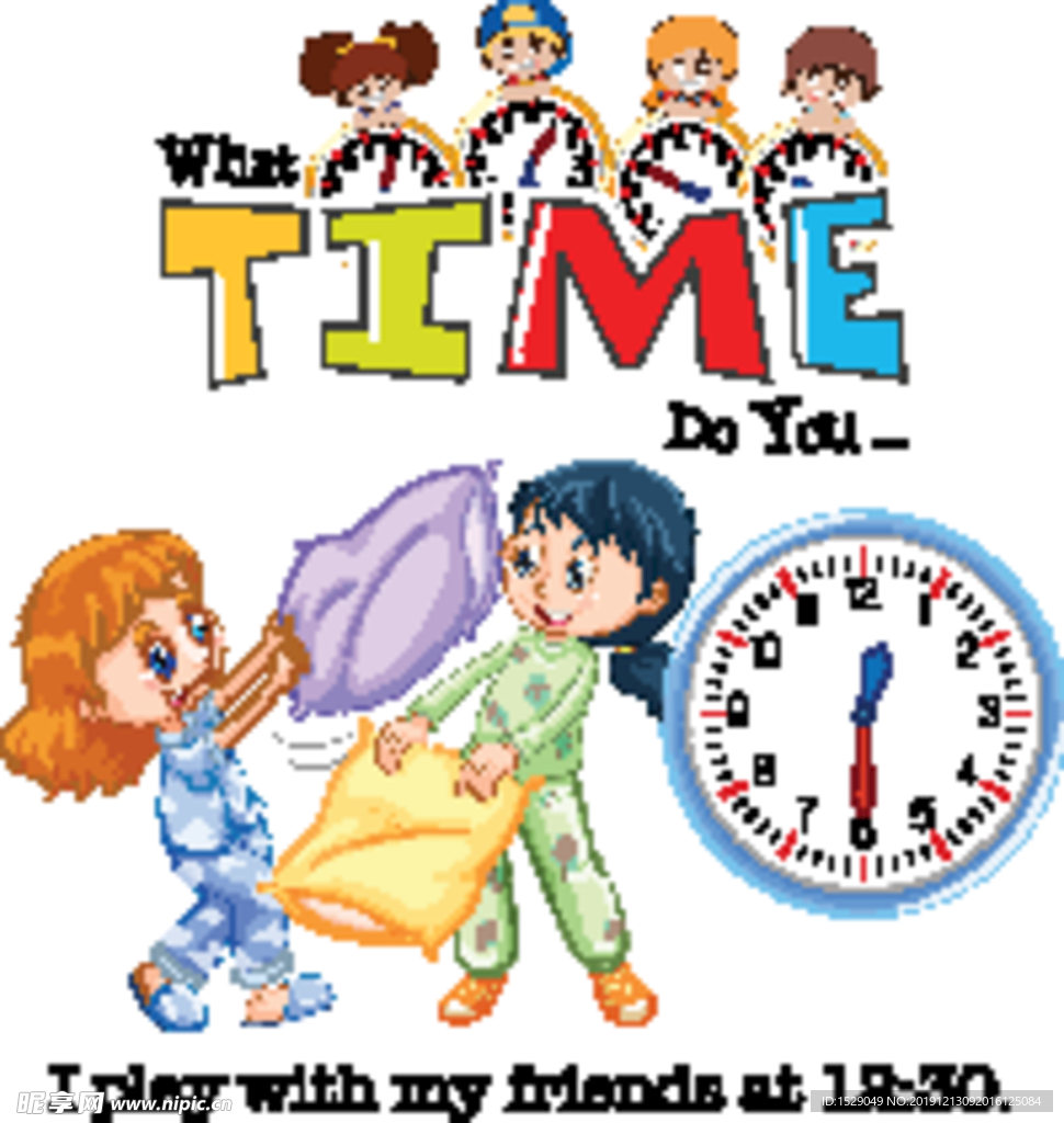卡通儿童和时钟