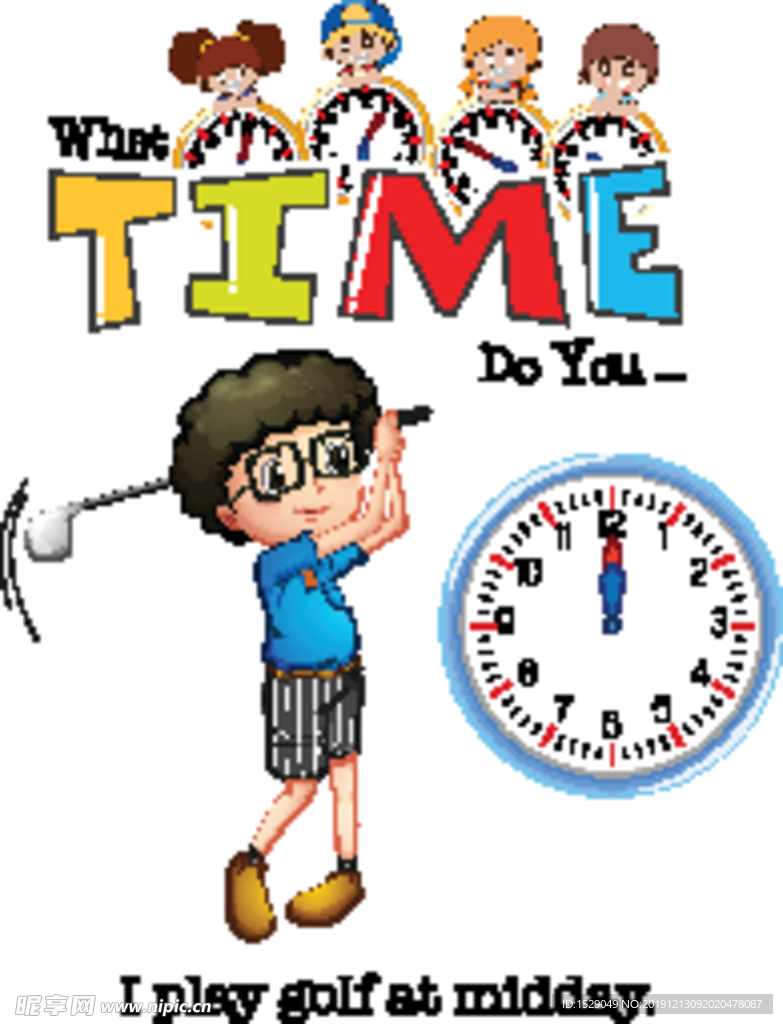 卡通儿童和时钟