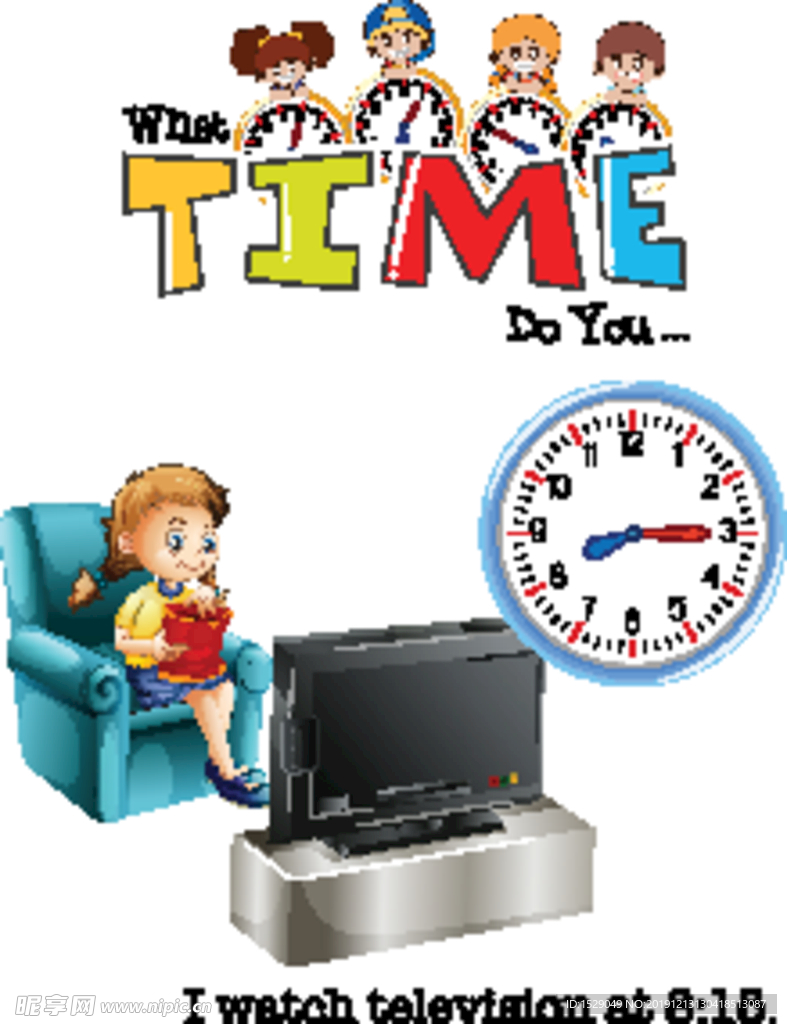 卡通儿童和时钟