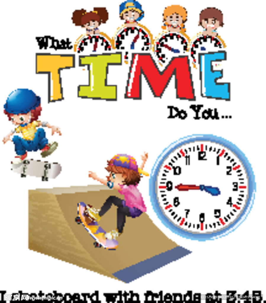 卡通儿童和时钟