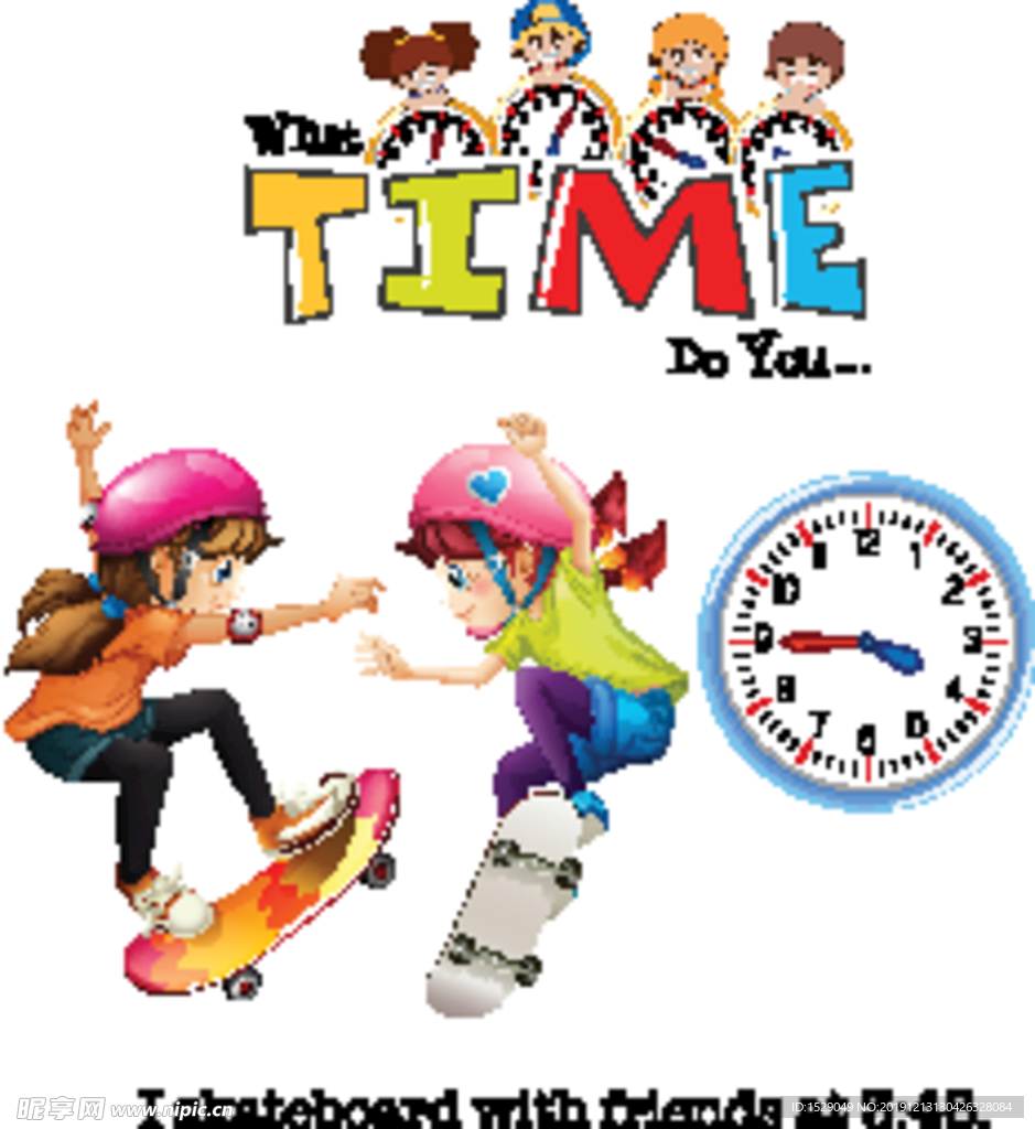 卡通儿童和时钟