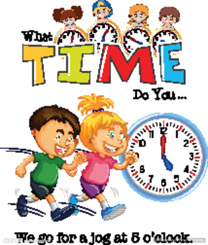 卡通儿童和时钟
