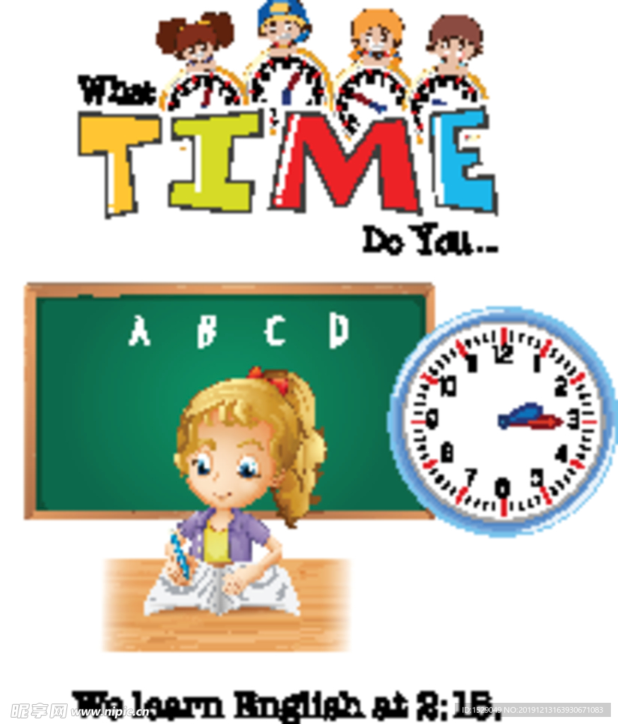 卡通儿童和时钟