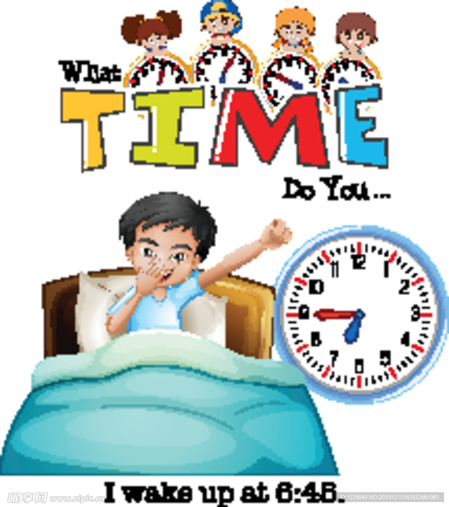 卡通儿童和时钟