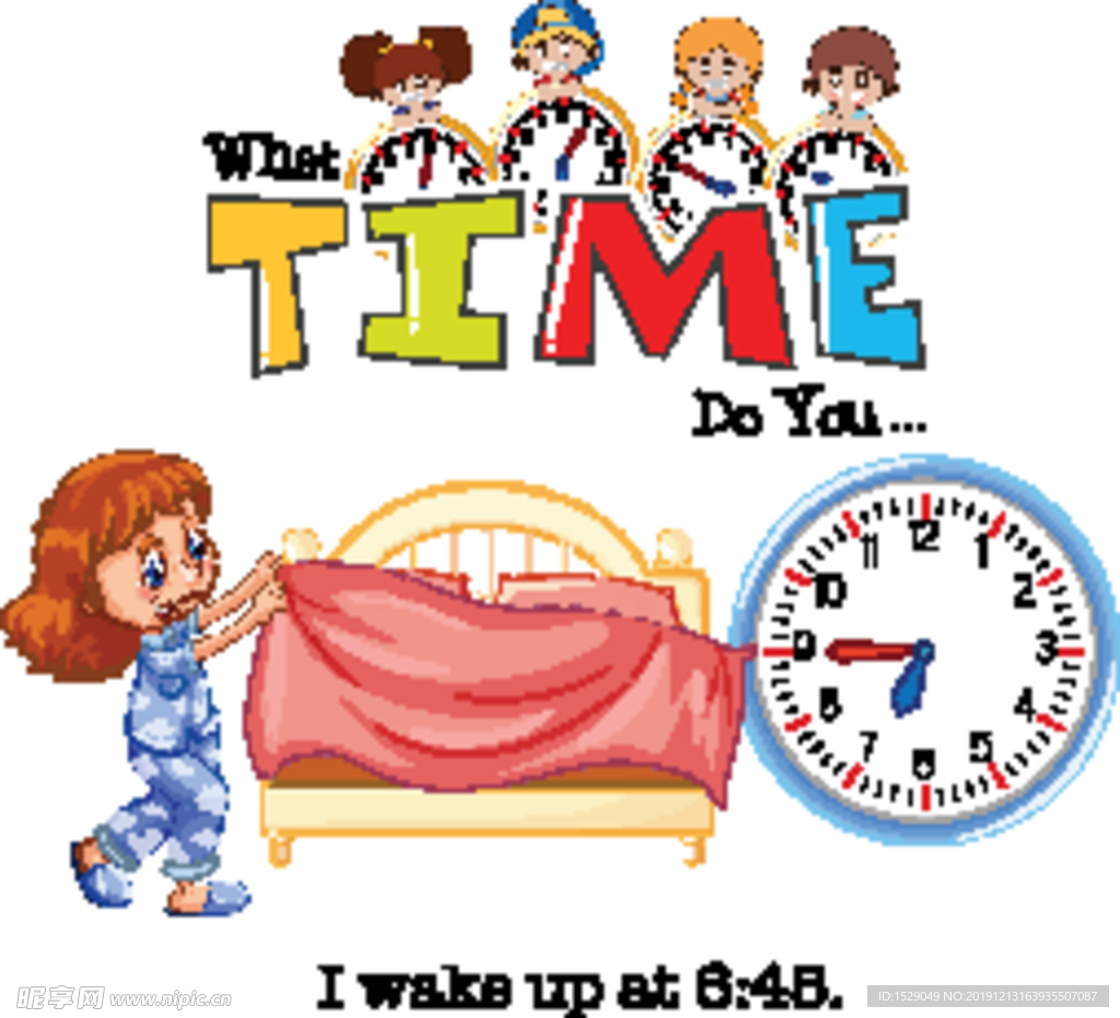 卡通儿童和时钟