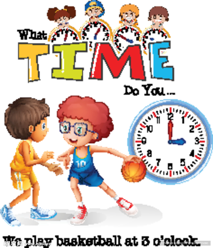 卡通儿童和时钟