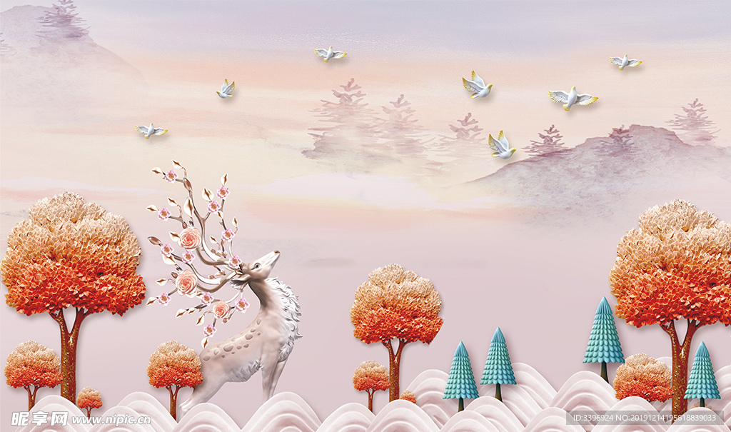 现代北欧简约时尚麋鹿森林背景墙