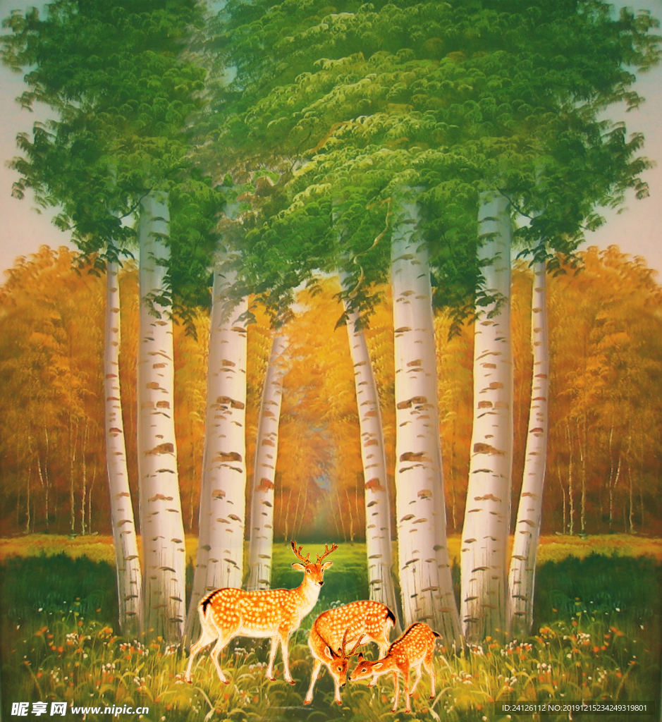 油画柏树下的麋鹿