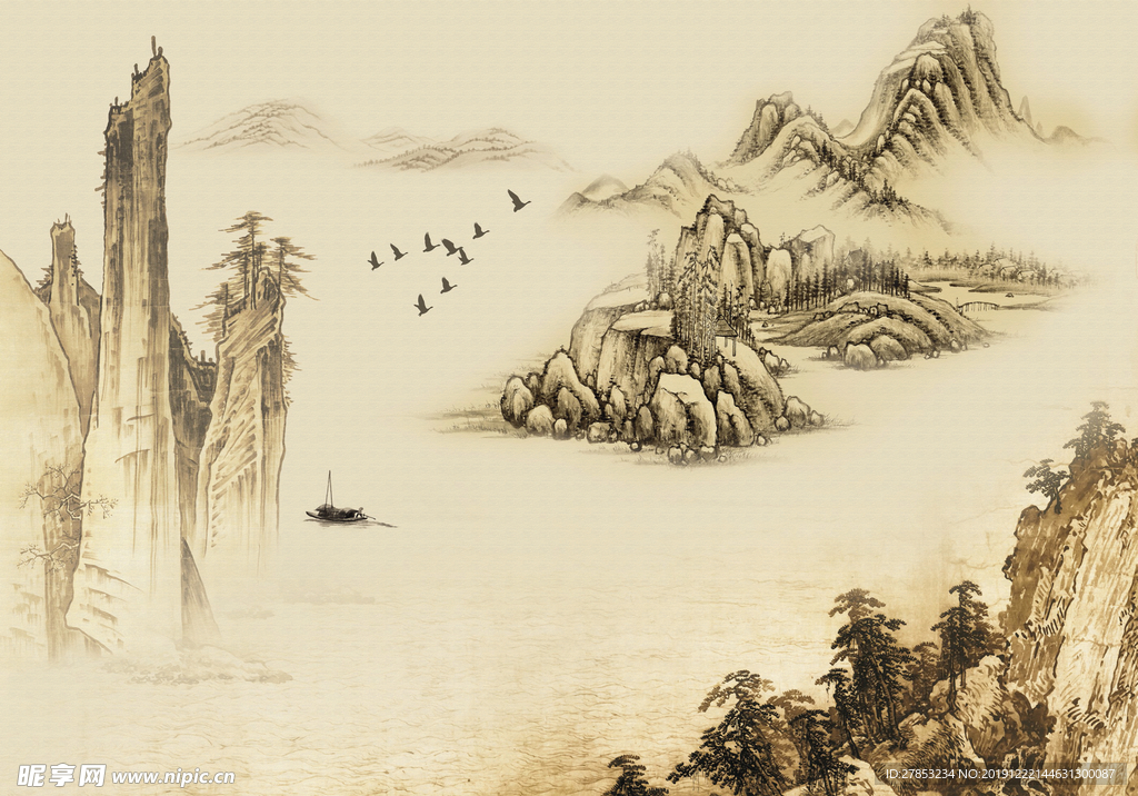 新中式水墨山水迎客松电视背景墙