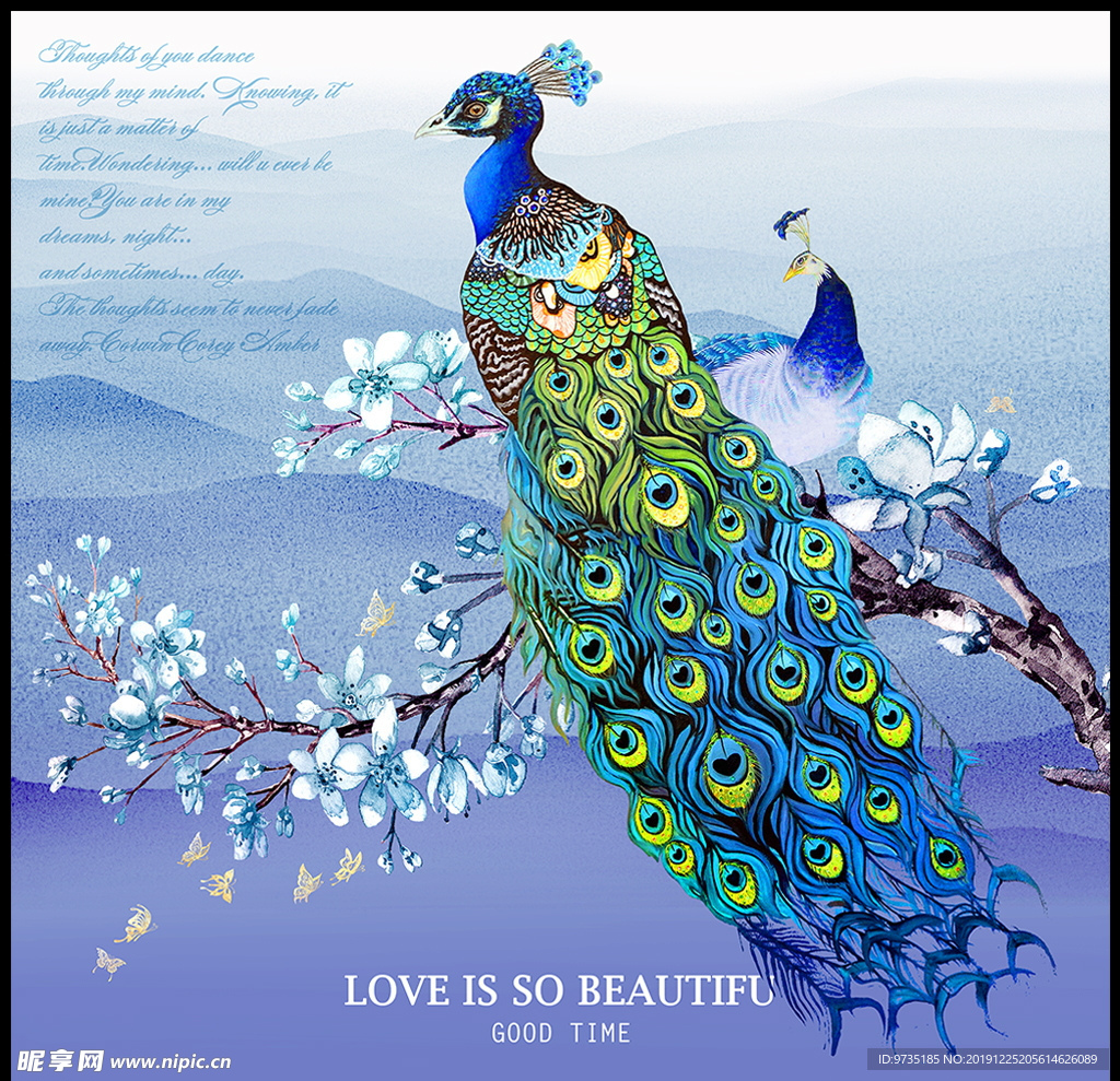 手绘孔雀新中式国潮餐厅装饰画