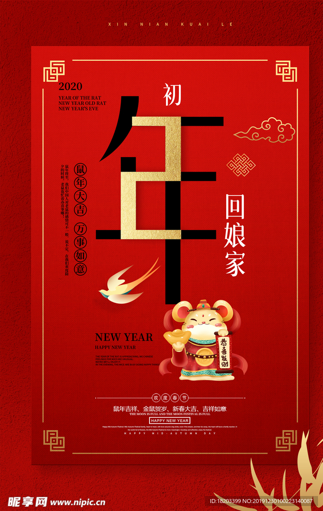 2020鼠年红色新年快乐海报
